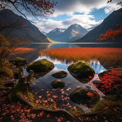 Serene autumnal lake scene, reflecting mountains and vibrant foliage, with calm water and mossy rocks.