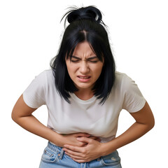 Illustration of woman with abdominal pain isolated on transparent background