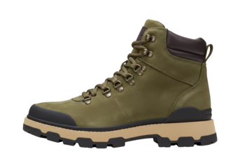 Green outdoor boot with laces and rugged sole.