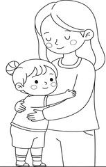 Mother and Child Hug - Line Art Illustration, Family Love, Coloring Page, Parenting, Happy Moment, Kids Activity
