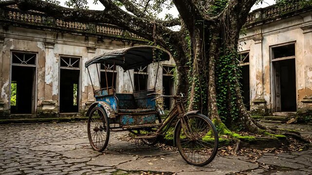 Old rickshaw in courtyard, ancient structure, aged tree, antique tricycle, historic location