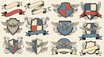 Vintage heraldic shield and banner design collection in a decorative style, featuring a variety of shapes, colors, and ornate embellishments.