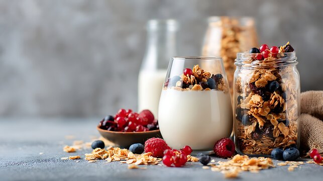 Nice photo of delicious granola parfait with yogurt and fresh berries for healthy breakfast.