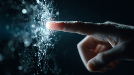 Fototapeta premium A finger touching a network of glowing particles in a dark environment, technology concept art