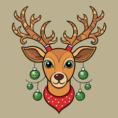 Festive reindeer with christmas ornaments and red scarf