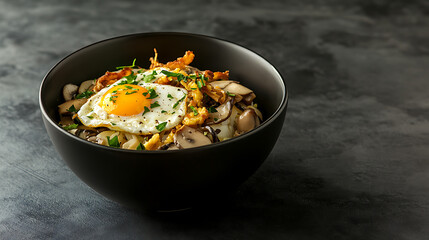 Elevated comfort food: Sunny-side-up egg atop a bed of sautéed mushrooms and savory crispy fried onions, garnished with fresh parsley in a black bowl on a textured gray surface.