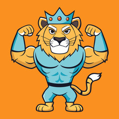 Mascot lion king flexing biceps with crown and blue outfit