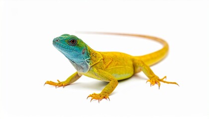 Obraz premium A brightly colored lizard with a vivid blue head and yellow-green body standing against a clean white background.