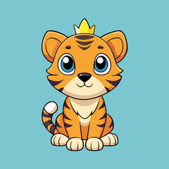 Cute cartoon tiger cub wearing a golden crown on a blue background