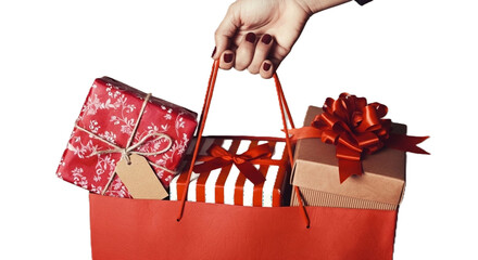 Person Holding Gift Boxes in Bag on Transparent Background