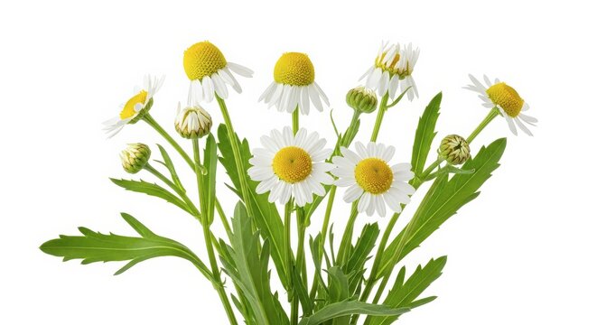 Small White Flowers with Yellow Centers and Green Leaves - Powered by Adobe