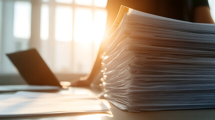 A stack of documents sits prominently on a desk near a laptop, bathed in the soft glow of sunlight streaming through a nearby window, hinting at a busy workspace.