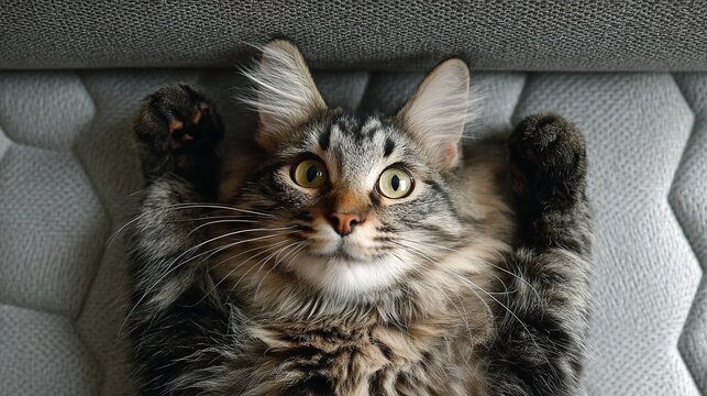 An emotional close-up of a fluffy tabby cat (Maine Coon or Norwegian Forest) lying on its back on a gray sofa with paws up, looking surprised or playful - Powered by Adobe
