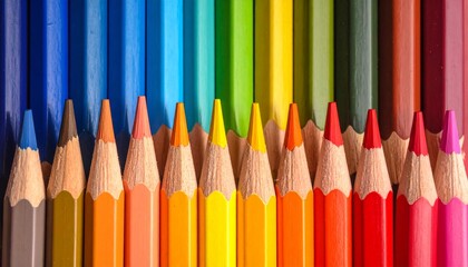 “Colorful pencils arranged in a vibrant row, showcasing a full spectrum of bright artistic shades.”