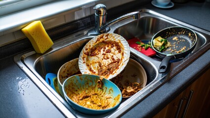 Dirty Dishes Pile Up Kitchen Sink Messy Chores
