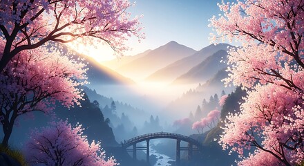 A serene mountain valley bathed in soft sunlight, framed by blossoming cherry trees and a picturesque wooden bridge.