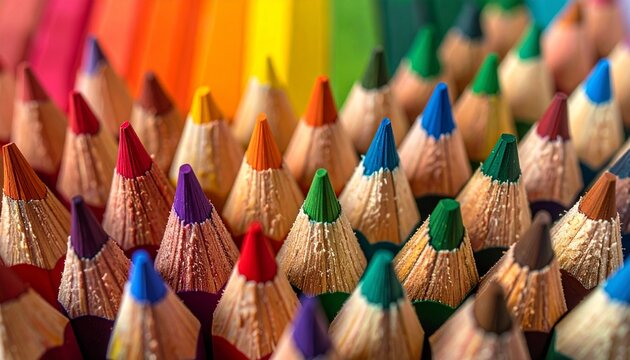“Colorful pencils arranged in a vibrant row, showcasing a full spectrum of bright artistic shades.”