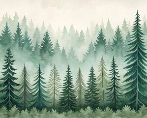 Fototapeta premium Misty watercolor forest landscape with evergreen trees