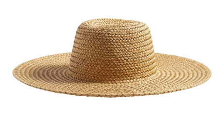 Woven straw hat with a wide brim offers sun protection.