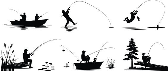 Black silhouette fishing illustrations, boat and shore poses, nature leisure sketch set, outdoor activity art, ink style, angler design theme