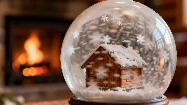 Seamless loop snowglobe with log cabin, falling snowflakes inside glass sphere. Fireplace blurred background creates warm winter atmosphere.