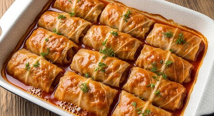 Several cabbage rolls are arranged in a baking dish, glistening with a savory sauce.