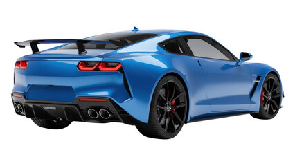 Blue sports car with a rear spoiler is showcased from the back.