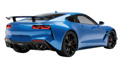 Blue sports car with a rear spoiler is showcased from the back.