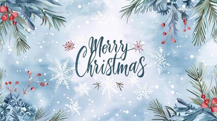 Winter Christmas background: elegant “Merry Christmas” calligraphy with snowy fir branches, cones, red berries and large snowflakes on a gentle blue watercolor background