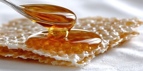 Golden honey flows from a spoon onto a piece of honeycomb, highlighting its thick consistency and rich color