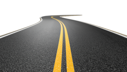 Winding asphalt road with double yellow lines leading into isolated transparency