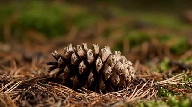 Pinecone on the Forest Floor: A detailed close-up of a pinecone rests gracefully on a forest floor adorned with pine needles and moss, the textures of nature on full display.