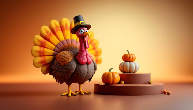 3d Thanksgiving turkey with hat and pumpkins on autumn background for festive design. 