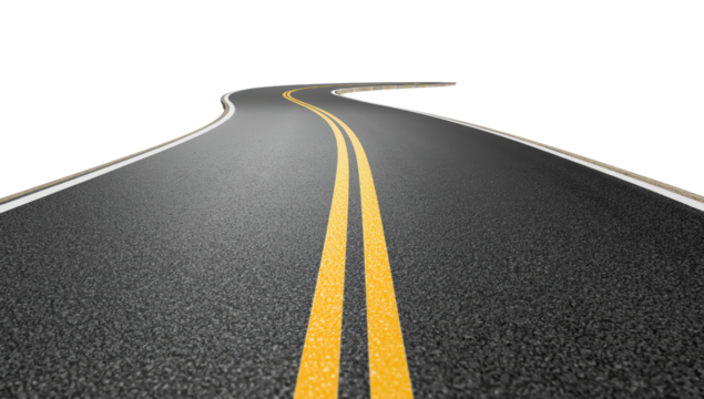Winding asphalt road with double yellow lines leading into isolated transparency