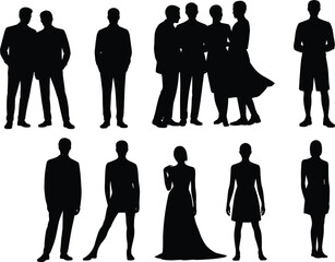 Black silhouette people illustrations, formal and casual attire poses, lifestyle posture sketch set, fashion gesture art, ink style, social design
