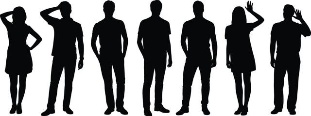Black silhouette people illustrations, standing human poses and gestures, lifestyle posture sketch set, body language art, ink style, social design