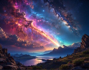 Fototapeta premium Scenic landscape with nebula above mountains and a lake at dusk