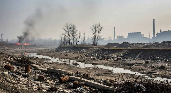 A barren landscape littered with debris and waste, reflecting industrial decline and environmental damage.