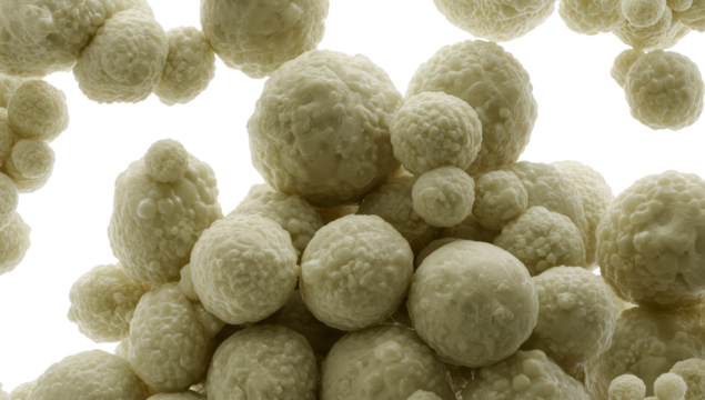 Magnified View of Organic Spheres Revealing Intricate Textures and Three-Dimensional Composition