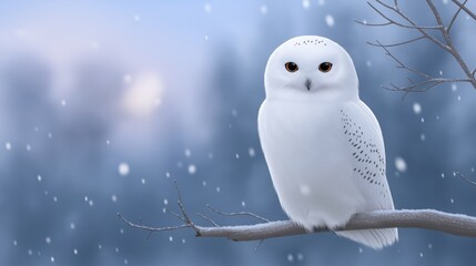 Obraz premium Snowy owl perched on a branch in a serene winter landscape, surrounded by softly falling snowflakes, showcasing the beauty of nature and wildlife in a tranquil setting