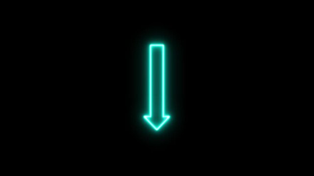 Cyan Neon Arrow Pointing Downward on Black Background. Neon direction concept and neon arrow icon,