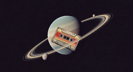 Retro Cassette Tape Floating Around Saturn in Outer Space.