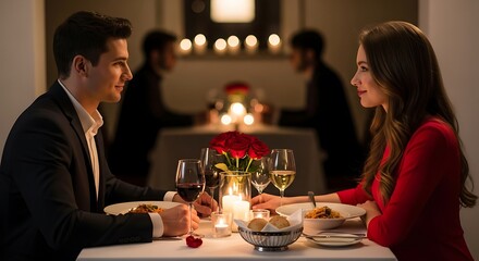 Romantic Couple Enjoying Candlelit Dinner Date at Restaurant.