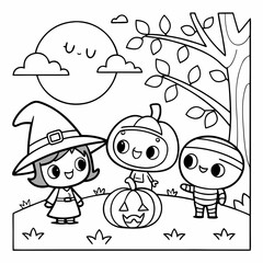 Halloween coloring page for kids with cute kawaii characters. Black and white autumn holiday illustration with witch, vampire, ghost, pumpkin. 