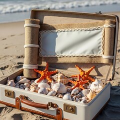 A vintage suitcase filled with seashells and starfish rests on the beach, showcasing a light-colored interior with a light beige canvas lining and a textured burlap trim.