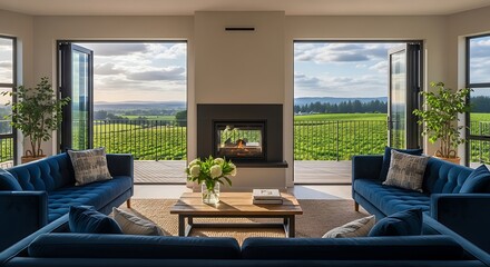 A modern living room, bathed in natural light, showcases expansive vineyard views.