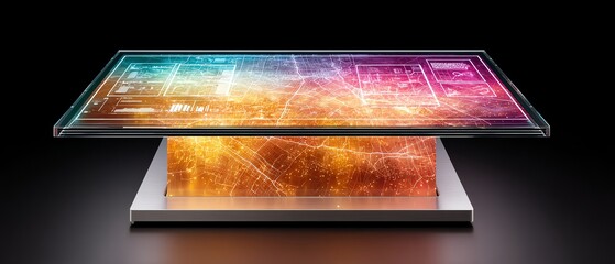 Holographic city map projected above a sleek glass table, layered grids and heatmap zones with floating UI panels, rich neon spectrum, cinematic depth, no people, no text, no logos