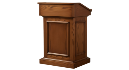 A classic wooden podium with a rich brown finish, isolated on a transparent background