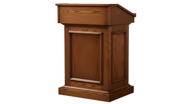 A classic wooden podium with a rich brown finish, isolated on a transparent background