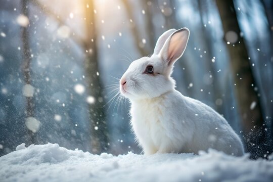 Close-up white snowshoe hare sitting deep snow winter forest snowfall magical winter wildlife
